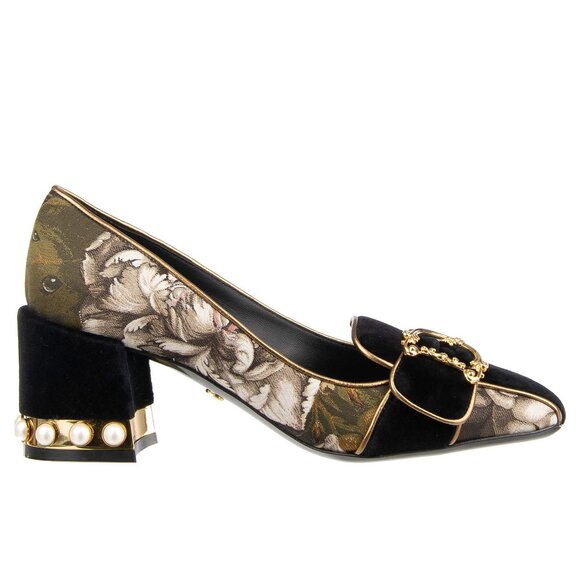 Dolce & Gabbana - DG Golden Baroque Logo Velvet Pearl Heel Pumps JACKIE Black EU - Picture 1 of 5